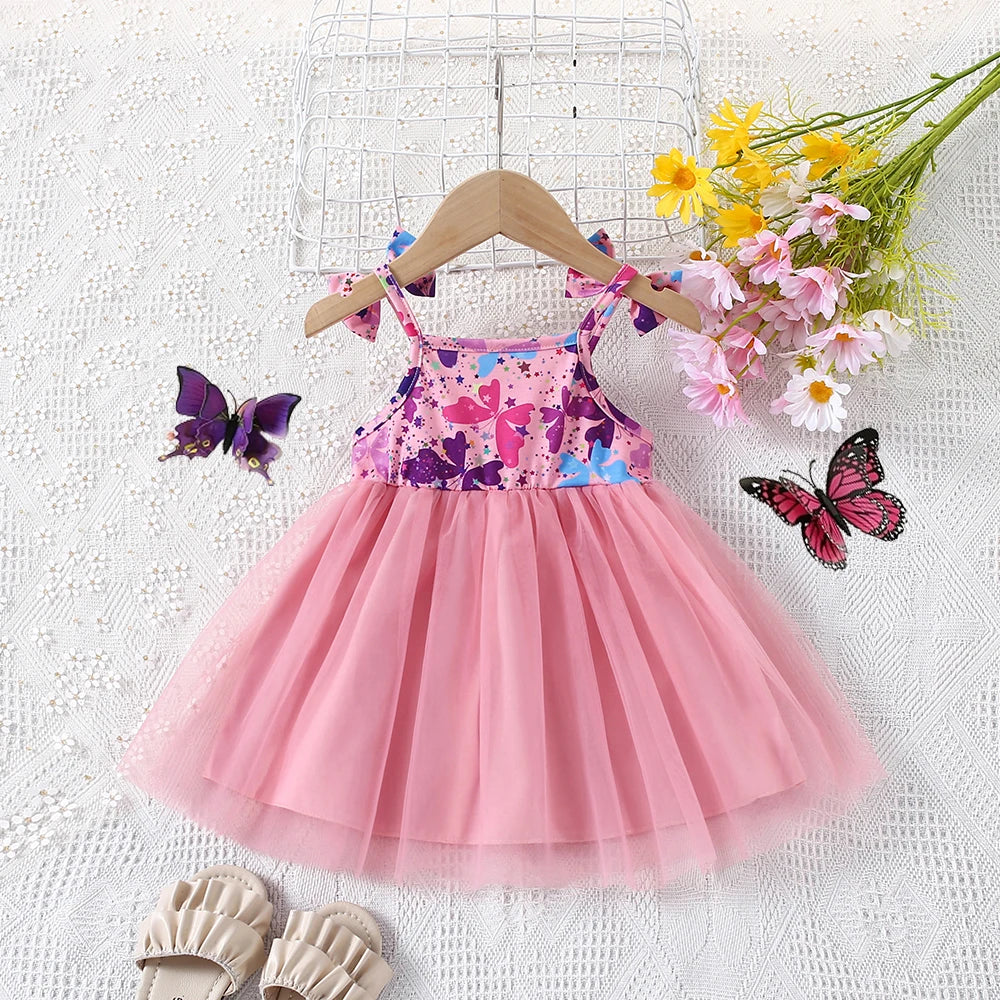 Summer New Girl's Cute Bow Suspender Patchwork Beautiful Mesh Fluffy Princess Dress