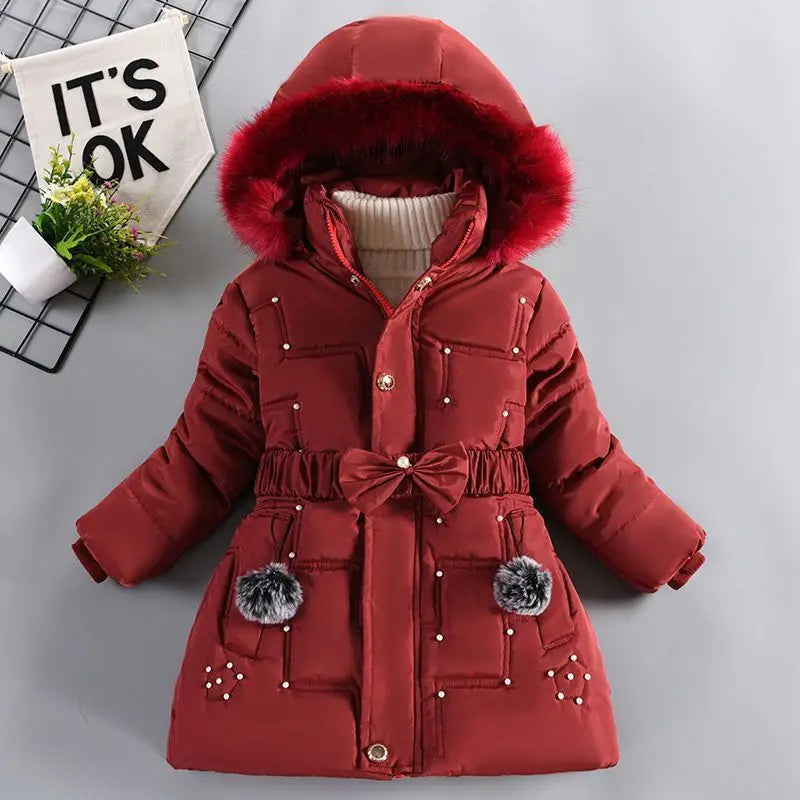 Girls Jacket Detachable Hat Plush Collar Hooded Padded Lining Coat For Kids Children