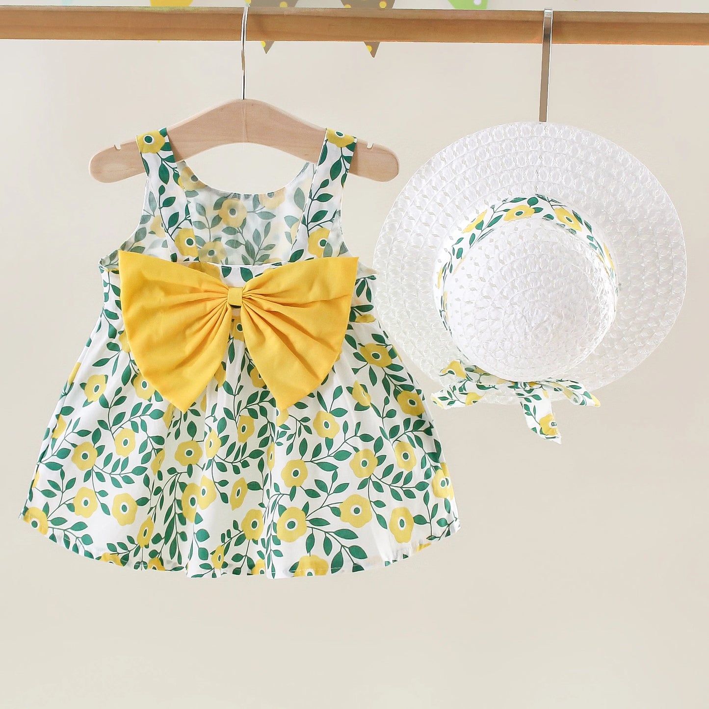 New Summer Girls A-Line Strapless Floral Print All Over Birthday Party Dress and Gift Hat Bowknot