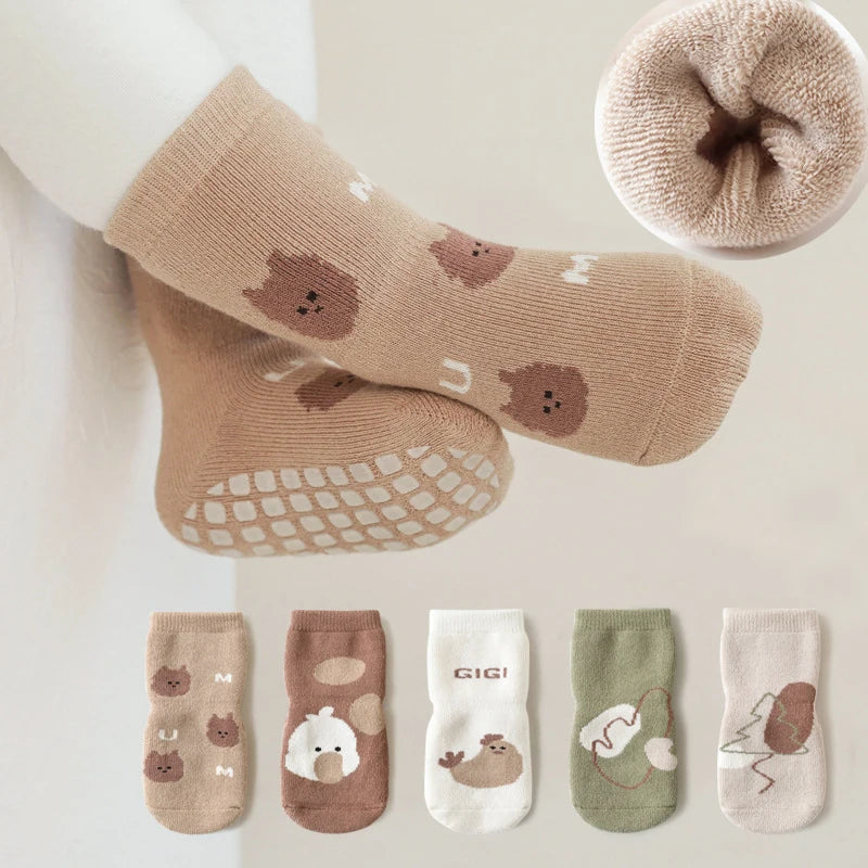 3 Pairs Winter Terry Fur Thicken Kids Newborn Baby Anti-slip Socks Cute Cartoon Floor Playing Plush Socks 0-5Y