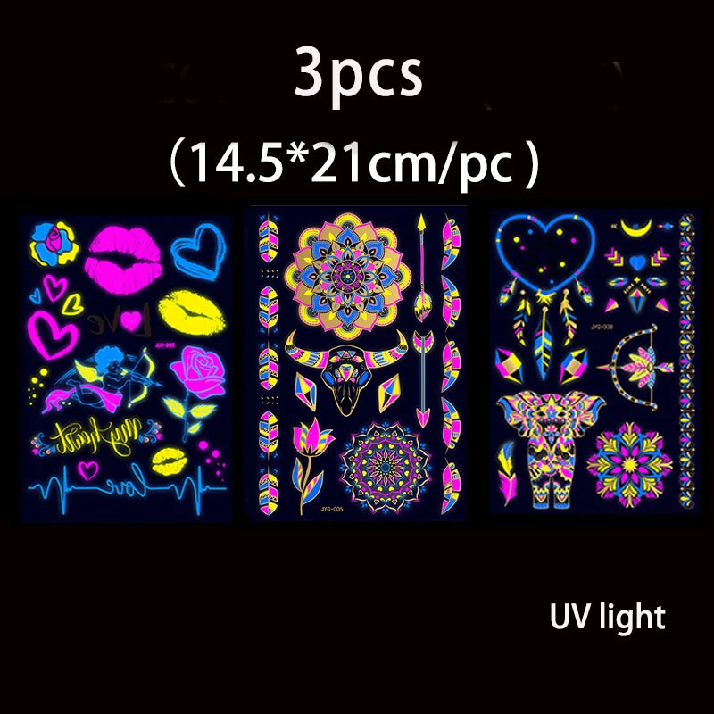 Fluorescent Sticker Luminous Temporary Tattoos Stickers UV Glow Fluorescent Bull Tattoo Waterproof For Body Art Decals