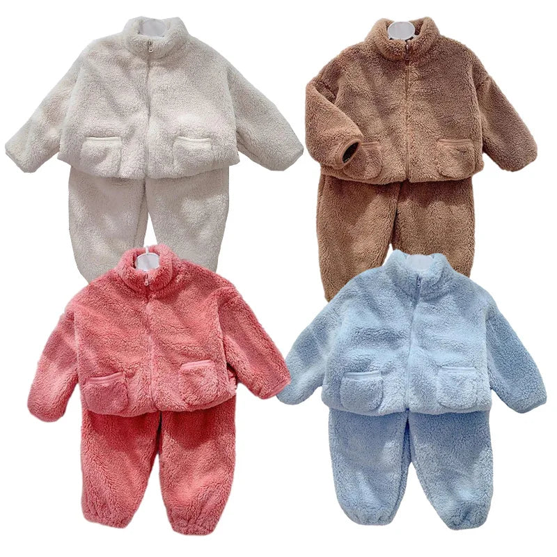 Fleece Kids Coat Pants 2pcs Fall Winter Baby Clothes Set Kids Loungewear Suit Home Korean Children Top and Bottom Set